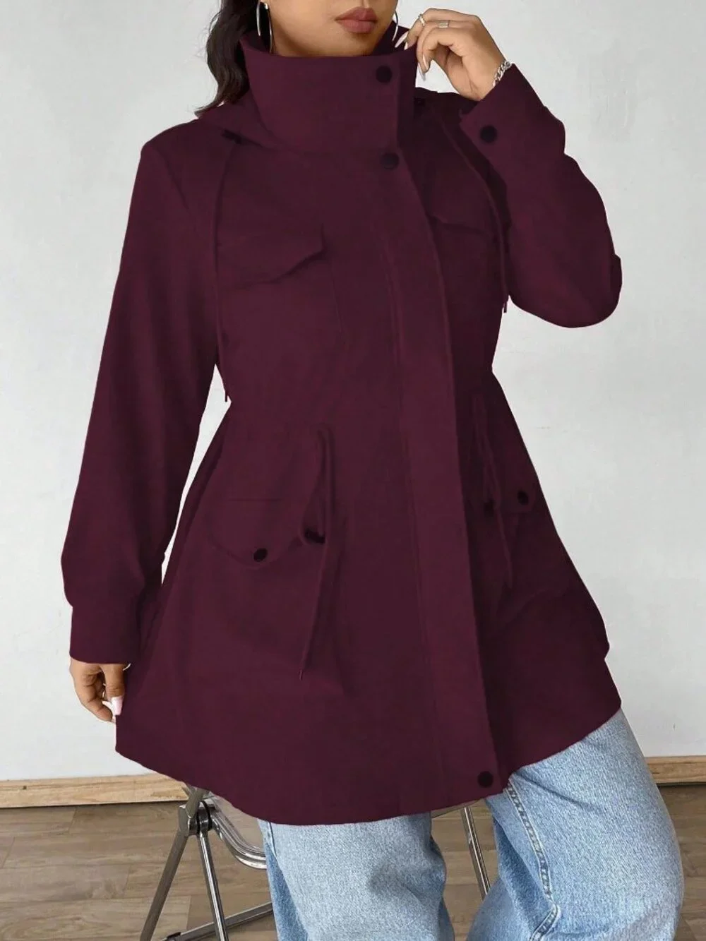 Burgundy Casual Women's Plus Size Hooded Cinched Waist Long Sleeve Jacket - Picture 4 of 6